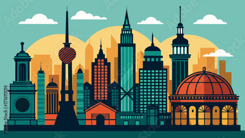 Vector art of vibrant vector illustration showcasing a diverse cityscape with iconic buildings, against a sunny backdrop, perfect for travel and architecture themes
