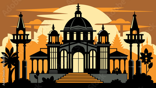 Vector art of a striking vector illustration of a grand palace at sunset, featuring intricate architectural details and a warm color palette, creating a majestic and serene scene