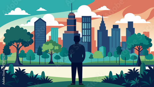 Vector art of a man stands in a park, looking out over a pond and the city skyline in the distance on a bright sunny day with fluffy white clouds