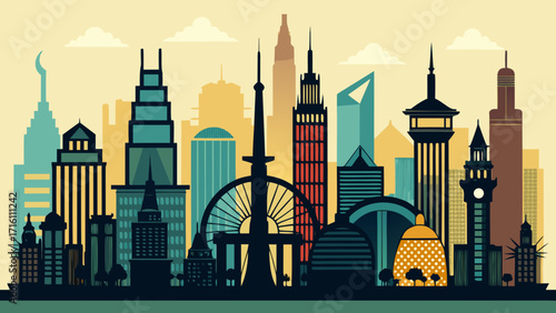 Vector art of a vibrant and diverse cityscape illustration showcasing a variety of architectural styles against a warm, inviting, and colorful background