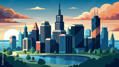 Vector art of a stunning cityscape illustration depicting a modern skyline with various buildings, a serene lake, and lush trees under a vibrant sky