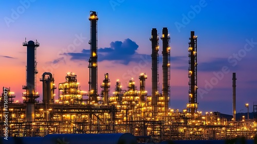 Wallpaper Mural Nighttime oil refinery with glowing industrial lights Torontodigital.ca