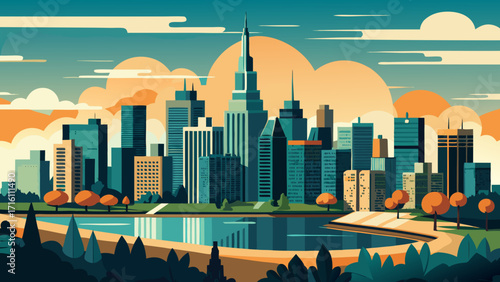 Vector art of vibrant city skyline illustration with a serene lake in the foreground, capturing the essence of urban life and natural beauty in harmony