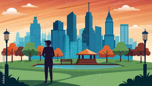 Vector art of a man stands in a park looking at the city skyline at sunset, with trees, benches, and a gazebo creating a peaceful and scenic view