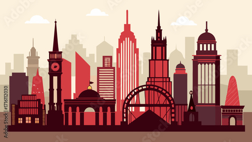 Vector art of vibrant city skyline illustration featuring iconic buildings in red and brown hues against a light beige backdrop, creating a captivating urban panorama