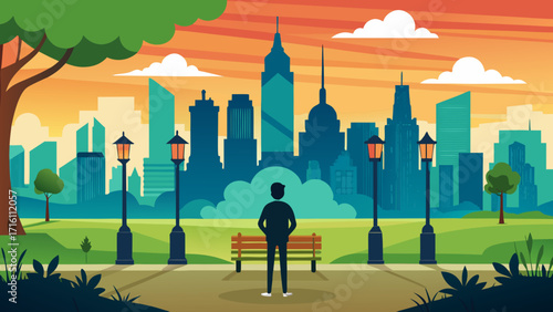 Vector art of a peaceful city park illustration with a man contemplating the skyline, featuring lush trees, vintage lampposts, and a vibrant sunset backdrop