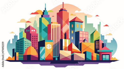Vector art of colorful cityscape illustration featuring various buildings, trees, and a vibrant sky, creating a lively and contemporary urban scene
