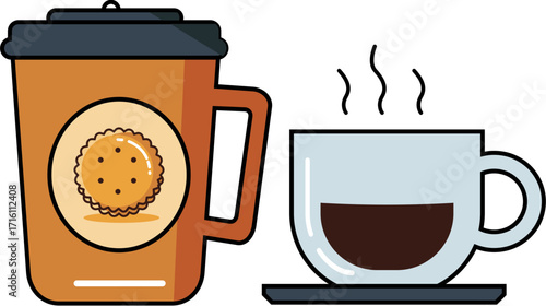 Two illustrations of warm drinks. A travel mug with a cookie design and a steaming cup of coffee on a saucer. Perfect for a cozy start to your day.