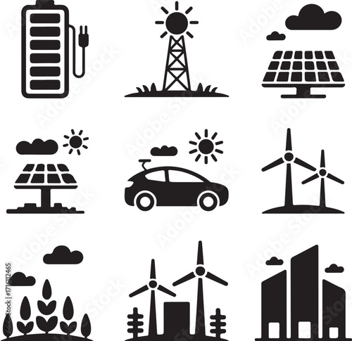 Sustainable energy icons: solar, wind, electric car, battery