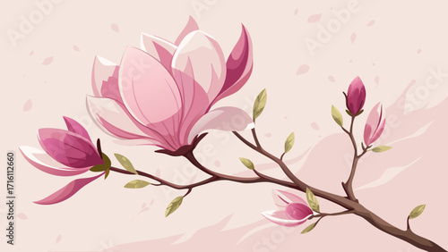 Vector art of a serene magnolia branch with delicate pink blossoms, symbolizing beauty and grace, perfect for spring and floral designs