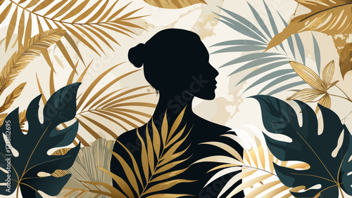 Vector art of a silhouette of a woman surrounded by tropical leaves, creating a stylish and exotic backdrop, perfect for fashion and beauty designs
