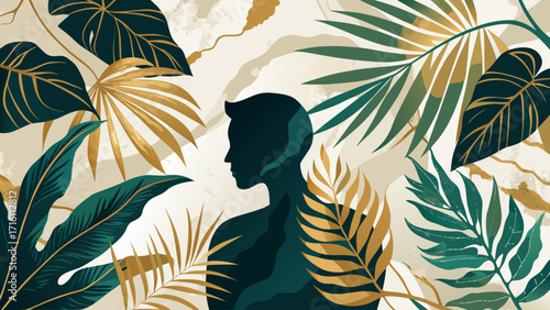 Vector art of silhouette of a person surrounded by tropical leaves in a modern and elegant design, creating a serene and natural atmosphere