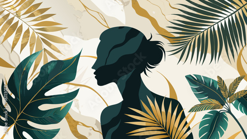 Vector art of elegant woman silhouette surrounded by tropical leaves in a harmonious blend of green and gold tones, creating a serene and sophisticated botanical art piece