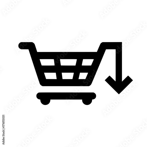 Vector illustration of shopping cart with down arrow symbol for online store markdown and sale alert

