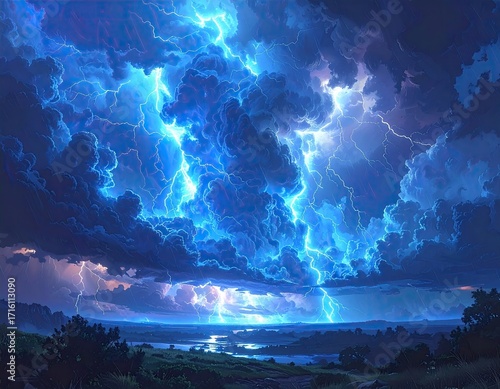 Wallpaper Mural Dramatic Sky with Blue Lightning Over Dark Landscape Scene with Trees and Bodies of Water at Night with an Ethereal Glow Torontodigital.ca