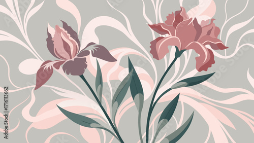 Vector art of elegant floral pattern with iris flowers and swirling leaves in muted tones, creating a sophisticated and timeless design for various applications
