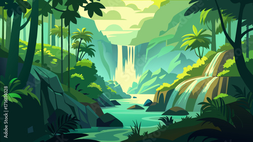 Vector art of cartoon illustration of a tropical landscape with a waterfall and lush vegetation serene nature scene with vibrant colors and clear water