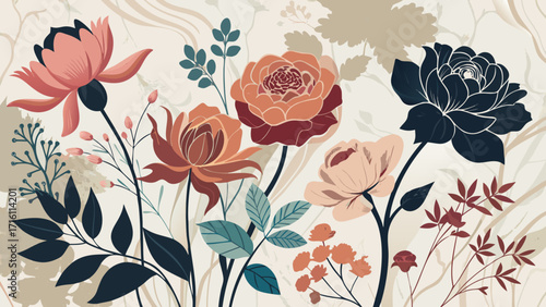 Vector art of sophisticated floral composition showcasing a collection of stylized flowers and foliage in a muted color palette, creating a timeless and artistic design