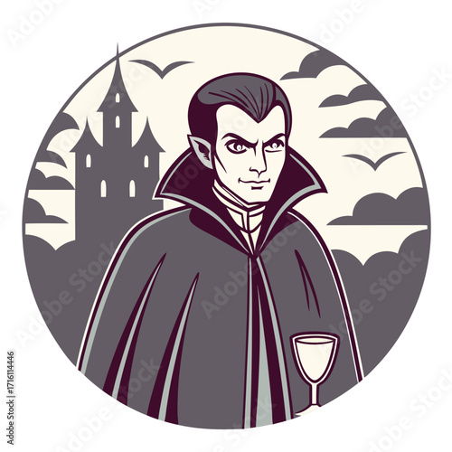 Vintage Style Illustration of a Vampire with a Cape and a Glass of Wine dracula halloween
