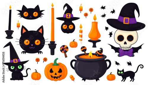 Cute Halloween clipart set with cats, pumpkins, skulls and candles