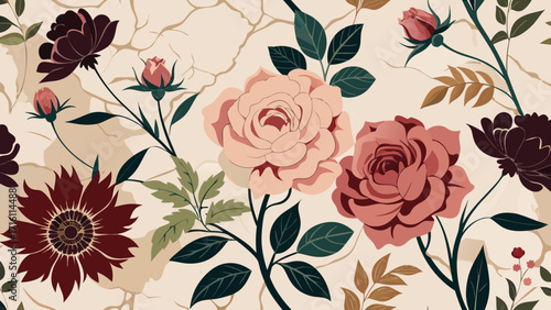 Vector art of vintage floral pattern with roses, sunflowers, and other flowers in a classic style, creating a timeless and elegant design for various applications
