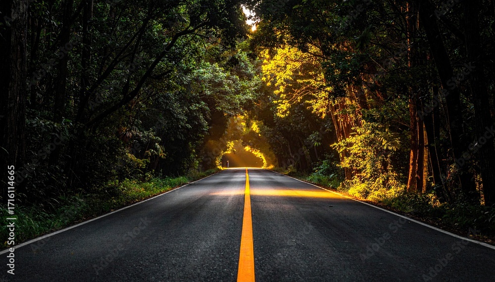 Fototapeta premium Sunlit asphalt road disappearing into a lush, dark green tunnel of trees, the yellow line prominent against the dark surface