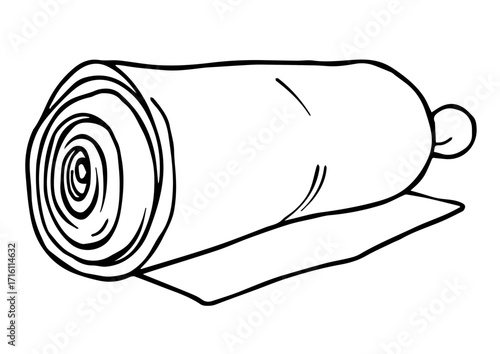 Rolled yoga mat on flat surface in simple black line style  