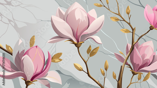 Vector art of elegant magnolia blossoms in soft pink hues, set against a serene gray backdrop, evoke a sense of tranquility and natural beauty, perfect for wall art