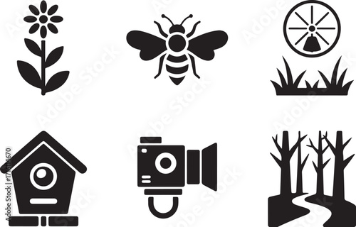 Nature icons flower bee birdhouse camera forest path