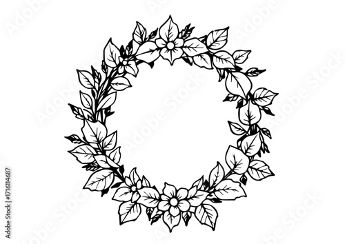 Floral wreath design with leaves and flowers in black line art  