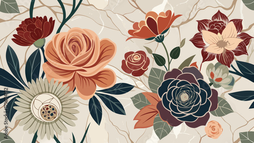 Vector art of elegant floral pattern with vintage roses and leaves in a muted color palette, creating a timeless and sophisticated design for various applications