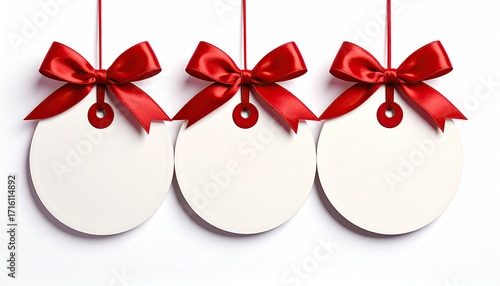 Three blank circular gift tags, each adorned with a vibrant red satin bow and suspended from thin strings against a stark white backdrop