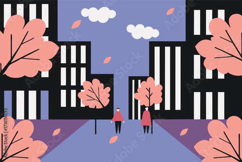Two people walking in a city park with autumn foliage and modern buildings. Urban green space concept for city life.