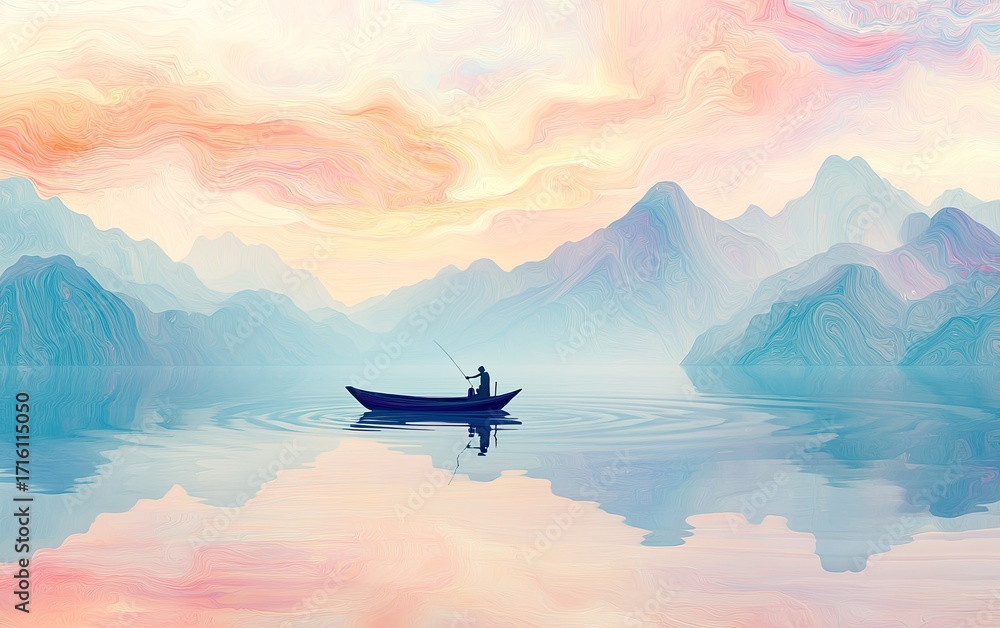 Fototapeta premium A small boat on the river, a colorful ink landscape painting of mountains and water