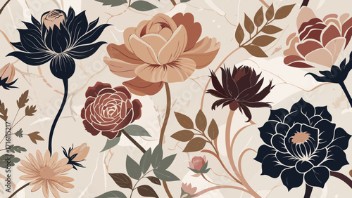 Vector art of sophisticated floral pattern with roses, peonies, and leaves in a vintage style, perfect for creating elegant backgrounds or textile designs