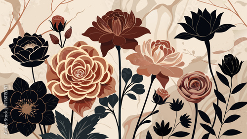 Vector art of elegant floral pattern with roses, peonies, and leaves in a vintage style, creating a timeless and sophisticated design for backgrounds or textiles