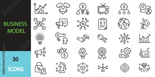 Business Model  icon set.  Containing Partner, Marketing, Start Up, Business, Retail, Revenue, BMC, businessman. Editable stroke. Vector illustration transparent