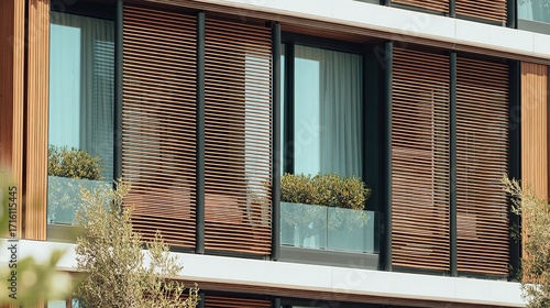 Modern apartment facade with clean lines, bathed in natural light, set in a minimalist urban environment. Simplicity and elegance in contemporary a