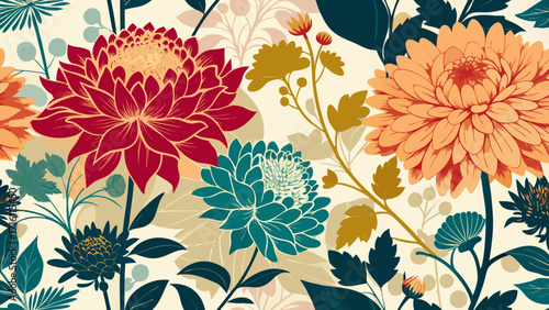 Vector art of vibrant floral pattern featuring chrysanthemums and leaves, creating a colorful and lively design for backgrounds, textiles, or decorative purposes