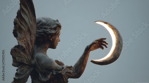Close-up of a fairy statue is hand reaching toward the glowing crescent moon