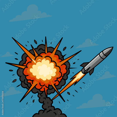 This is a illustration of a rocket explosion in the sky. The scene shows a missile flying upward with fire and smoke trailing behind it.