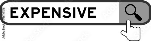 Search banner in word expensive with hand over magnifier icon on white background