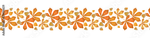 Autumn border of beautiful leaves. Seamless horizontal leaf pattern. Vector design for Thanksgiving, Harvest Day, card, packaging, banner, poster, advertising, invitation