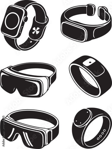 Modern tech gadgets smartwatches VR headset wearables collection