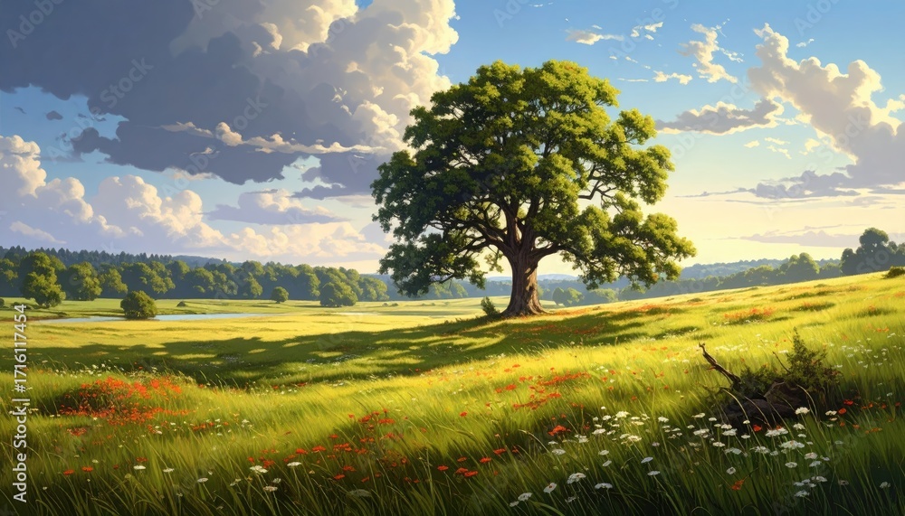 Fototapeta premium Dreamy Landscape with Lush Green Tree in a Meadow Under a Cloudy Blue Sky with Bokeh Lights and Festive Style in Abstract Illustration