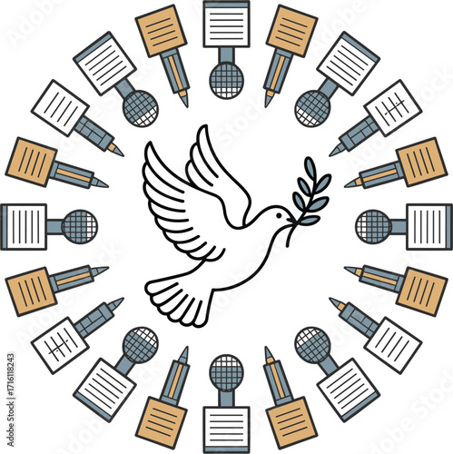 Dove of Peace Surrounded by Microphones Symbolizing Press Freedom Concept