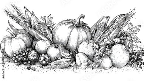 Abundant cornucopia vector set filled with fresh fruits vegetables autumn harvest elements and festive Thanksgiving decoration isolated on white background
