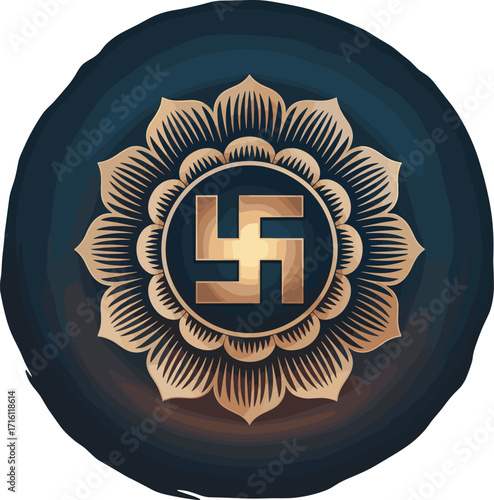Golden Swastika Symbol in Lotus Flower on Dark Blue Watercolor Background
