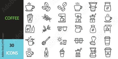 coffee icon set.. Contain icons related to coffee, mug, coffee cup, coffee. Editable stroke. Vector illustration transparent