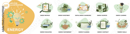 Energy Vector Illustration pack. Set Green Business Icons. Ten energy-related vector including metrics, investment, dashboard, sources, learning, education, partnership, planning, contract. Flat style